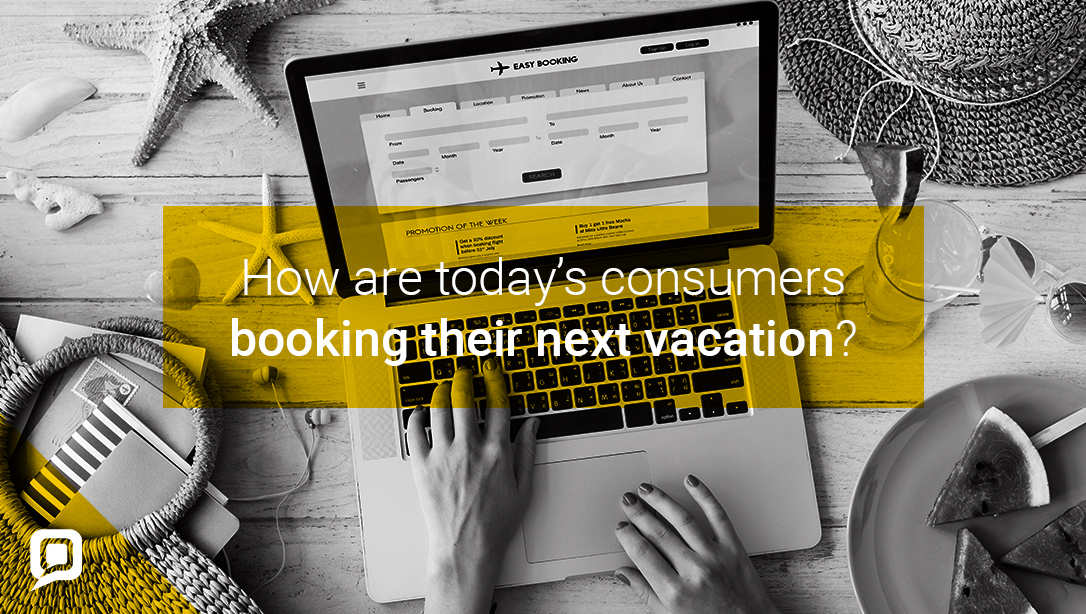 Black and white image of a laptop surrounded by shells and sun hat with 'How are today's consumers booking their next vacation?' written on it