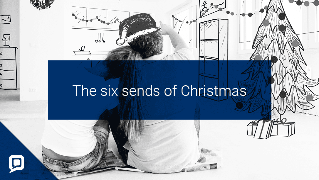 Black and white image of couple sat in an illustrated home with 'The six sends of Christmas' written over it