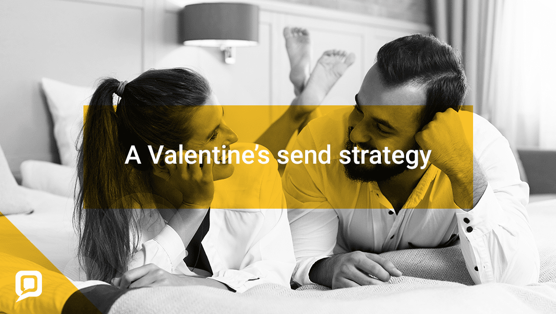 Black and white image of a couple lying on a hotel bed with 'A Valentine's send strategy' written over it