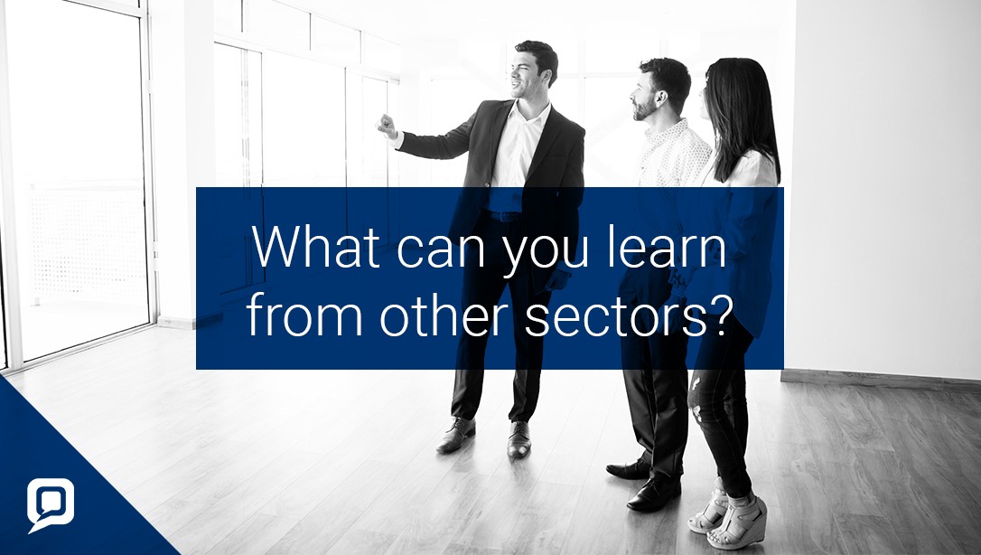 Couple being shown around a house with 'What can you learn from other sectors?' written over it