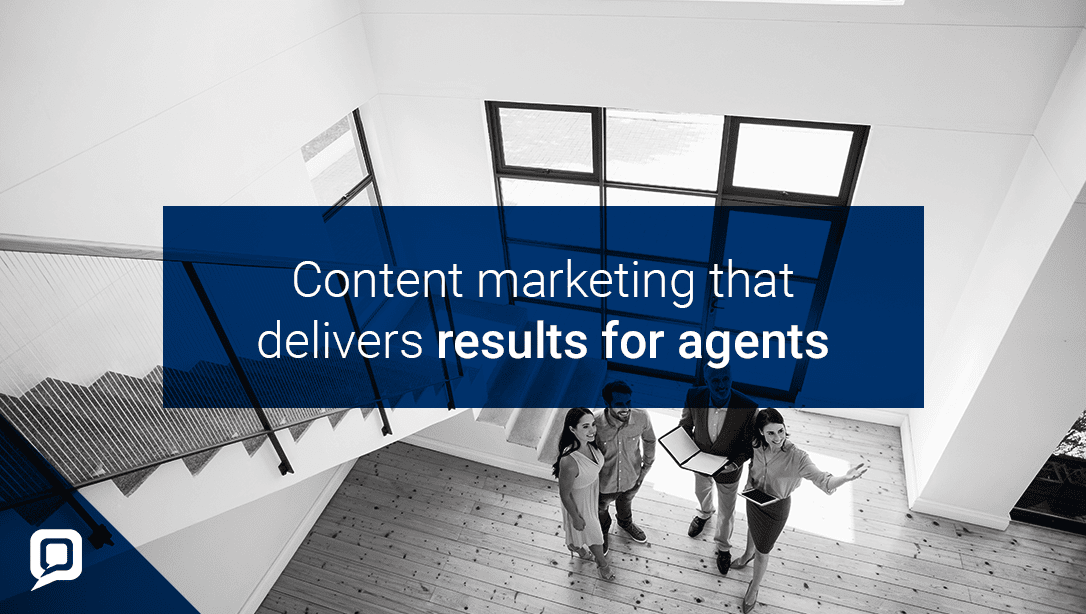 Black and white image of open plan house with staircase and a couple looking around with 'Content marketing that delivers results for agents' written over it