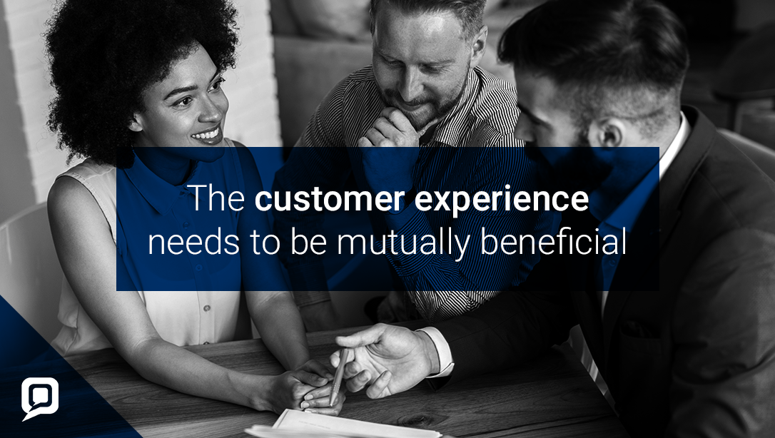 Black and white image of a couple with an estate agent with 'The customer experience needs to be mutually beneficial' written over it