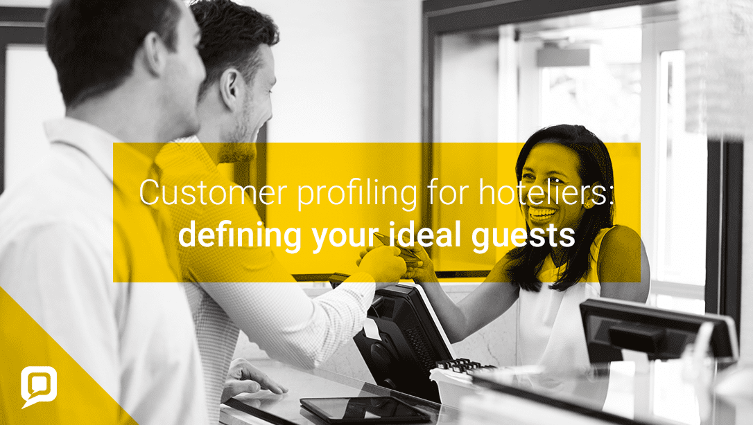 Black and white image of men checking into a hotel with 'Customer profiling for hoteliers: defining your ideal guests' written on it
