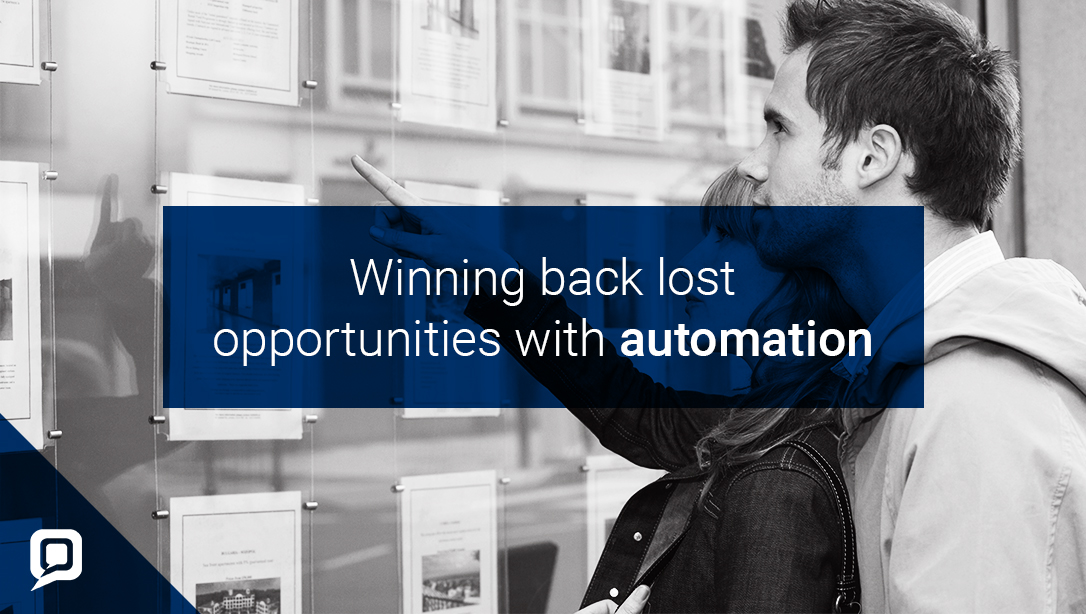 Black and white image of a couple looking at properties in an estate agency window with 'Winning back lost opportunities with automation' written over it