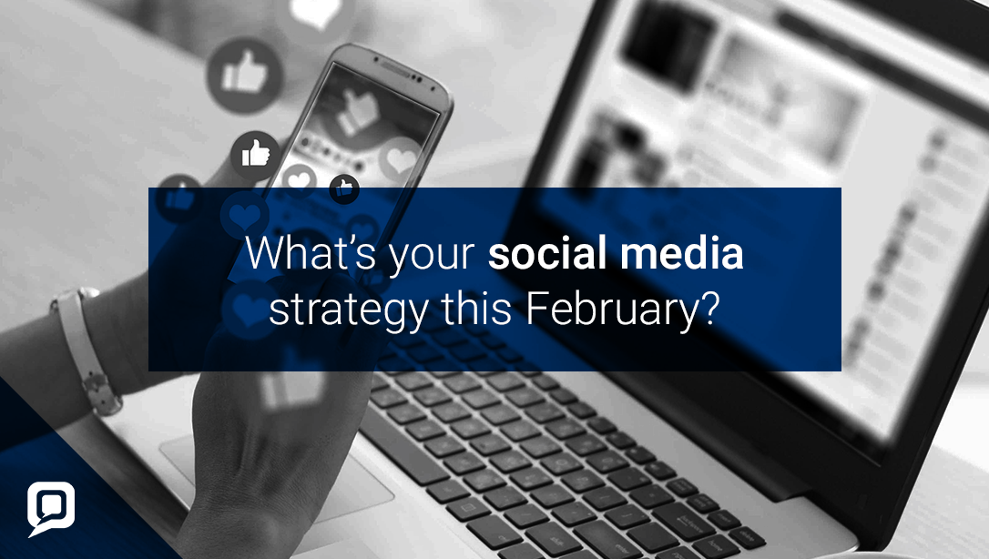 Black and white image of a laptop with 'what's your social media strategy with February?' written over it