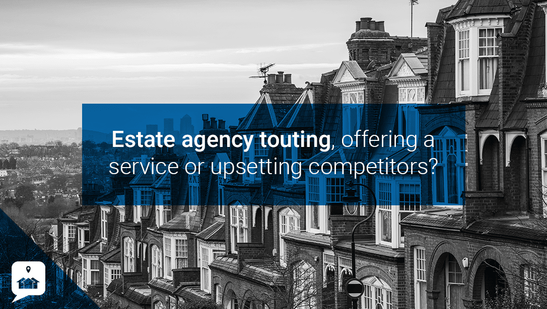 Black and white image of house fronts with 'Estate agency touting