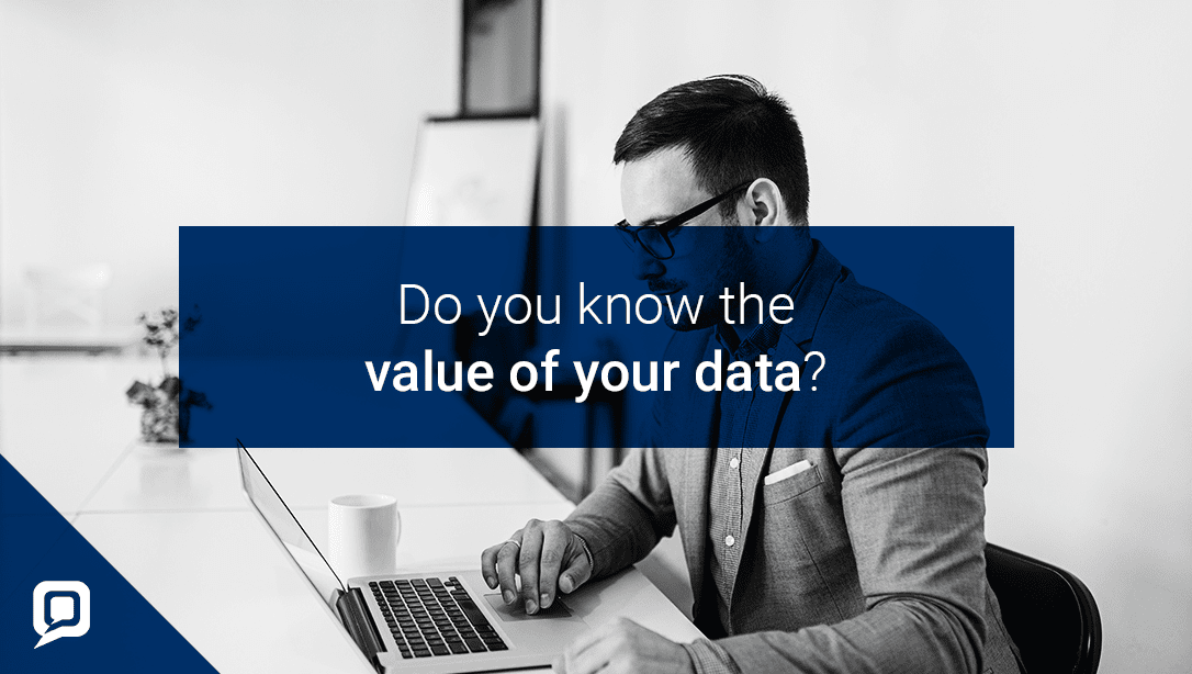 Black and white image of a man sat at a desk with a laptop with 'Do you know the value of your data?' written over it